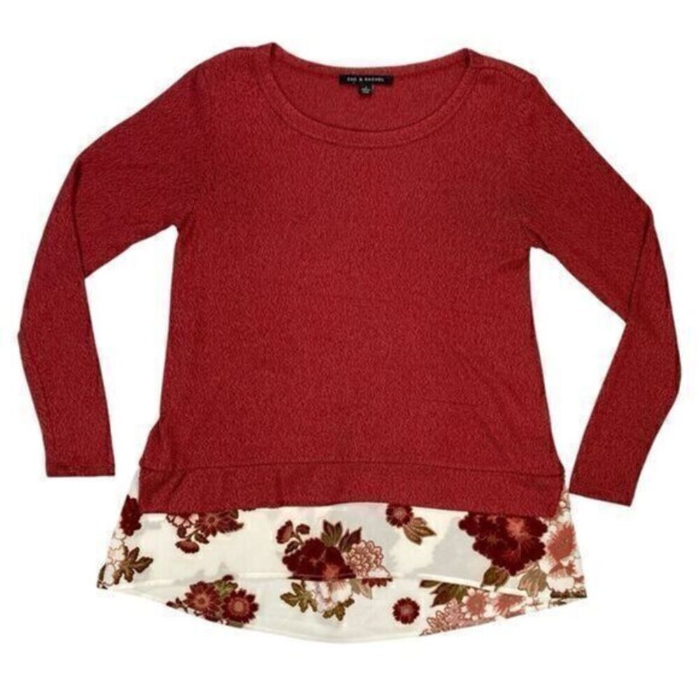 Zac & Rachel Floral Layered Hem Knit Top Women Sz S Red Long Sleeve Mixed Media